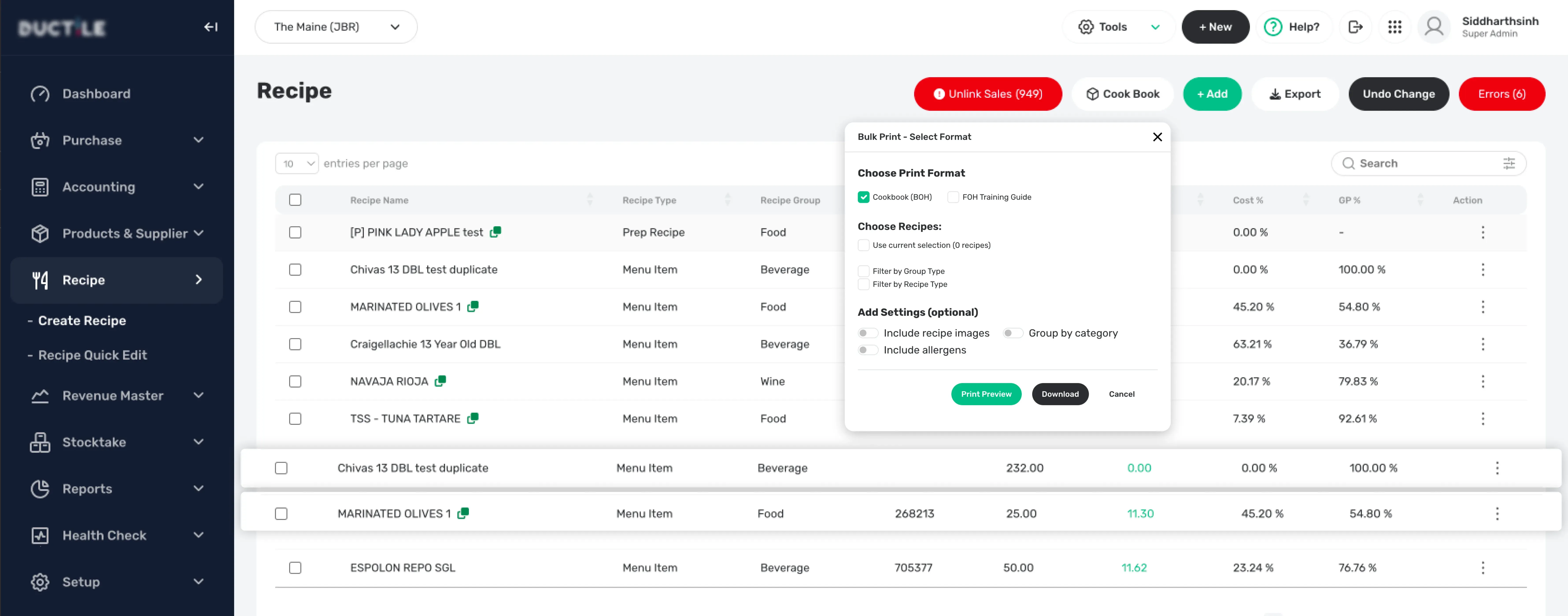 Recipe and menu control for kitchens